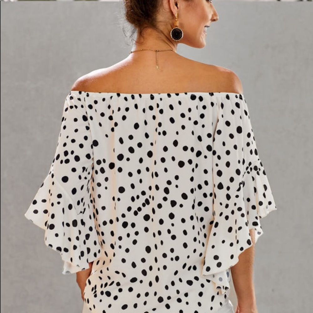 White polka dot top! So cute! Off the shoulder - Picture 2 of 4